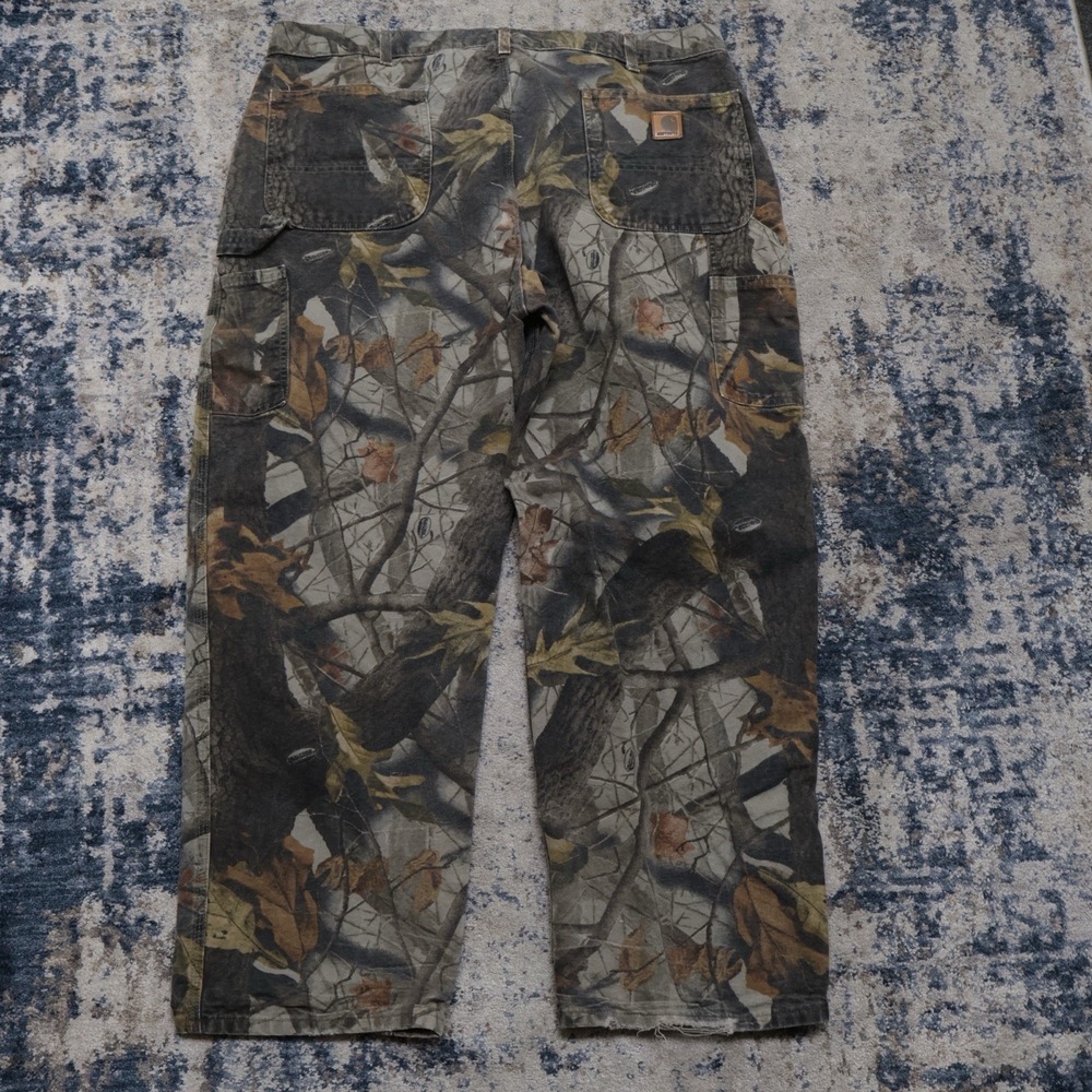Vintage Carhartt Camo B158 Dungaree Pants 40x30 Y2K Leather Patch 2006 Workwear